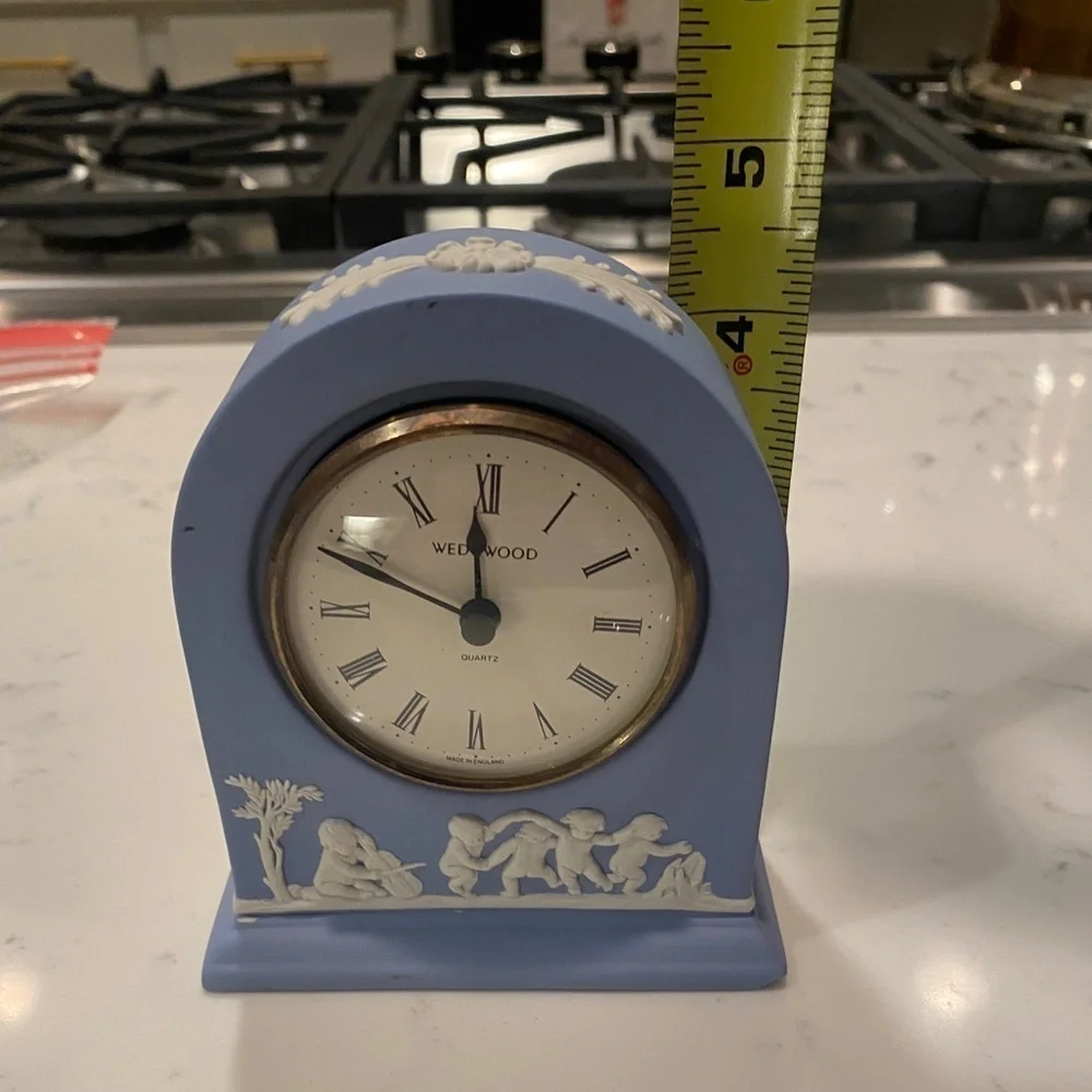 Wedgwood Portland Blue Jasperware Dome Mantel Clock with Cherubs Roman Numerals